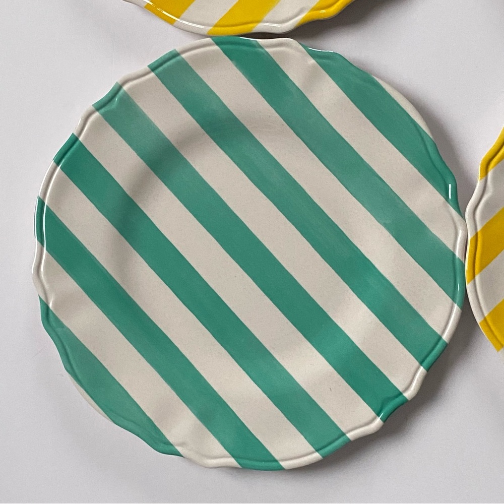 Melamine Dinner Plates 11” Set Of 4 Jai Wei green yellow and white striped EUC - Picture 3 of 16